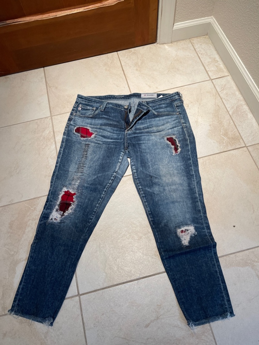 Ag Adriano Goldschmied Distressed Blue Jeans with Red Plaid Patch Accents